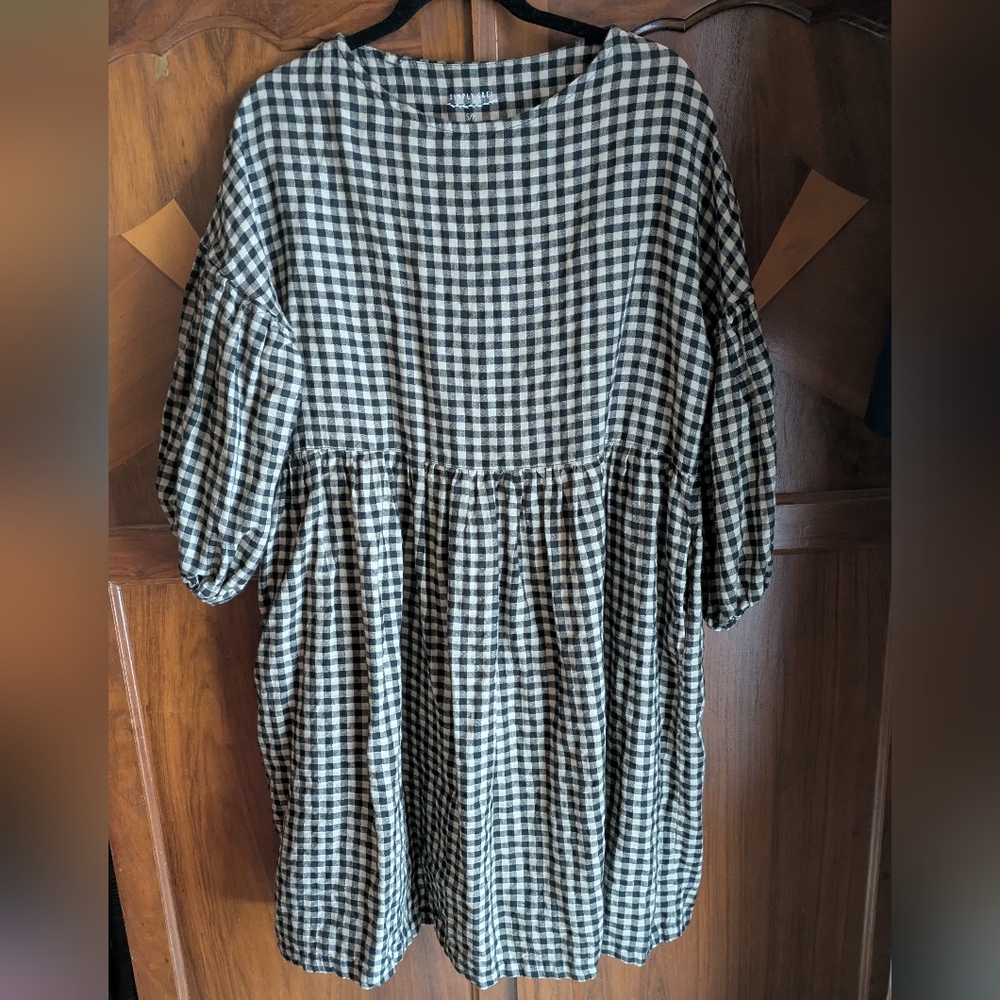 Simplygrey Checkered Gingham Linen Puff sleeve Loose-Fit Dress